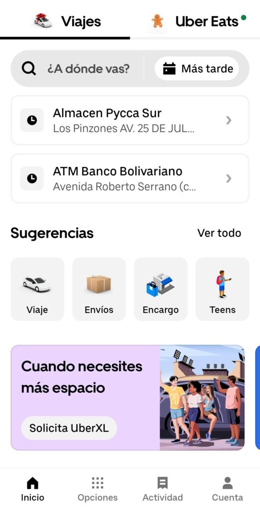 pantalla Uber pasajero