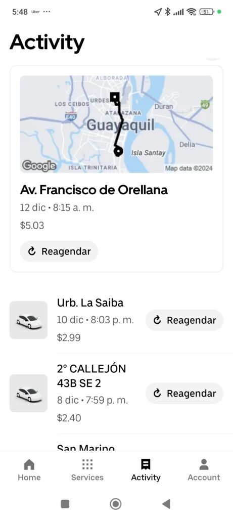 Viajes realizados con detalles como fecha, hora y tarifa
