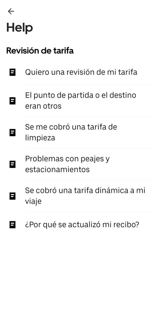 opciones de reclamos uber viajes